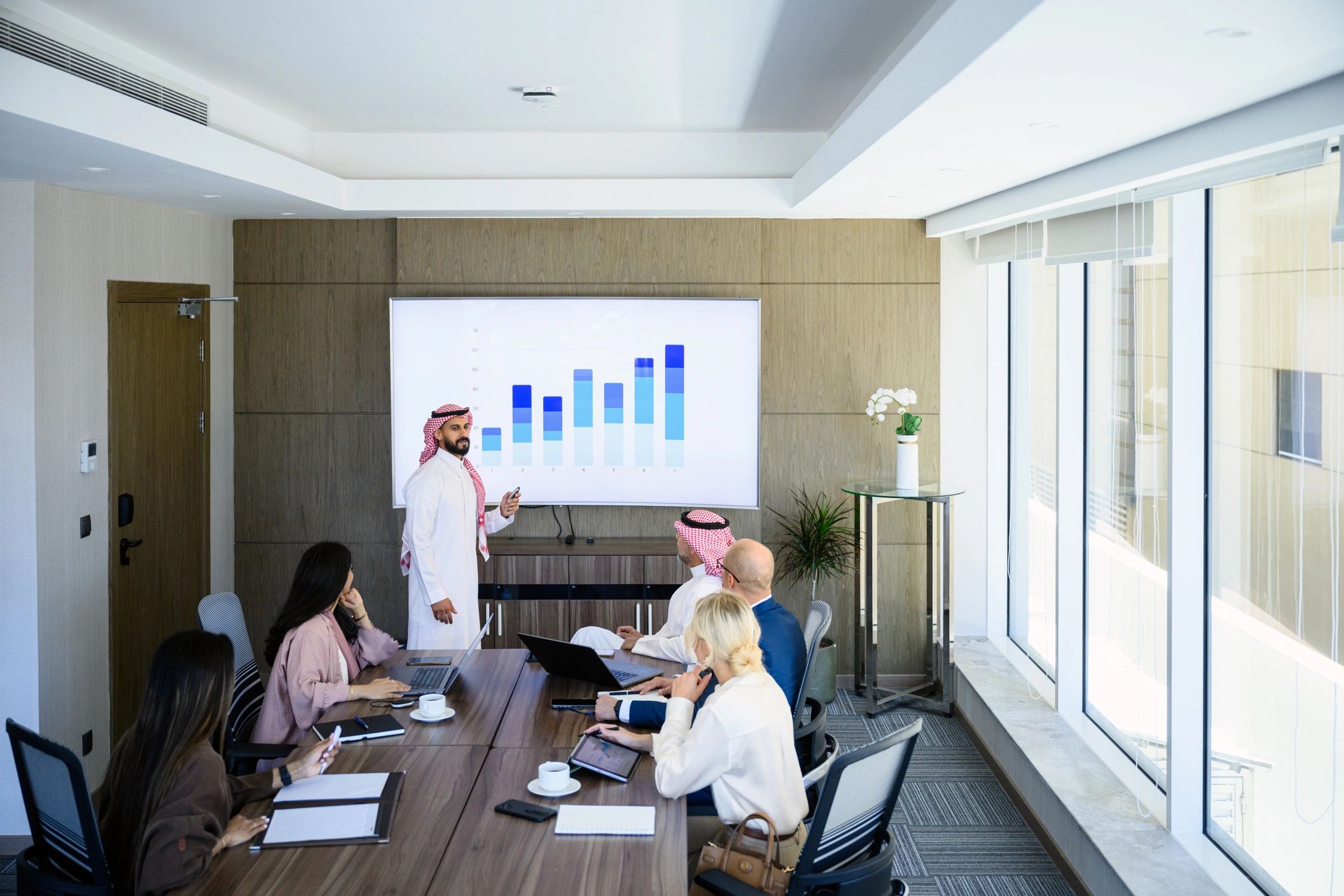 Business professionals in a boardroom presentation